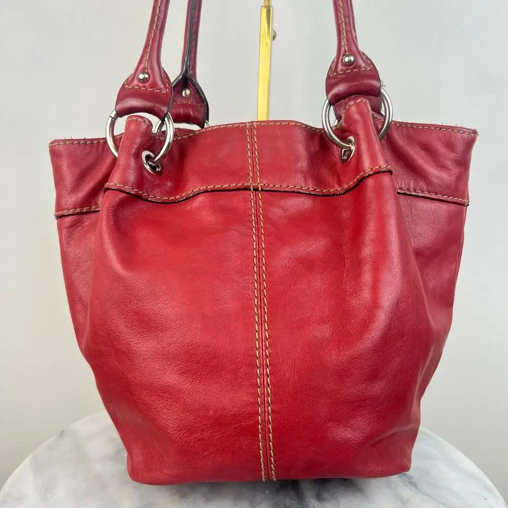 Vintage Tignanello Genuine Red Leather Stitched Silver Accents Shoulder Purse